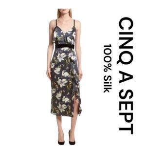 CINQ A SEPT Sleeveless Leena Floral Midi Dress, 100% Silk, Size 4.